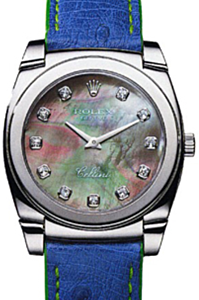 Rolex Cellini Cestello Ladies 5320-9 Dark Mother of Pearl Diamond White Gold Blue Leather Quartz BRAND NEW