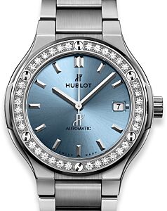 Hublot Classic Fusion Titanium Light Blue Bracelet 568.NX.891L.NX.1204 Blue Index Diamond Bezel Titanium? 38mm - BRAND NEW