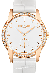 Patek Philippe 7122-200R-001 Ladies Calatrava 33mm White Hobnail Index Diamond Bezel Rose Gold Leather BRAND NEW