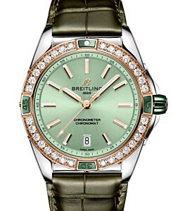 Breitling Super Chronomat Automatic 38 Steel/Red Gold Diamond Bezel Green Dial Leather Strap U17356531L1P1