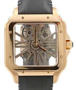 Cartier Santos De Cartier Rose Gold Skeleton Dial & Fixed Bezel Leather Bracelet WHSA0010 - PRE-OWNED