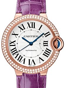 Cartier Ballon Bleu de Cartier 36mm Rose Gold Diamond Bezel Silver Dial Leather Strap WJBB0009
