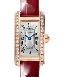 Cartier Tank Americaine Mini Quartz Rose Gold/Diamonds Silver Dial Leather Strap WJTA0041