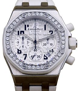 Audemars Piguet 26048SK.ZZ.D010CA.01 Royal Oak Offshore Chronograph 37mm White Arabic Diamond Bezel Stainless Steel Rubber
