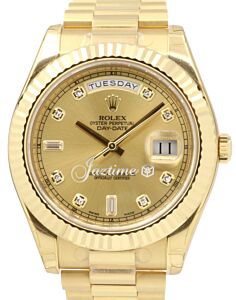 Rolex Day-Date II Yellow Gold 41mm Champagne Baquette Diamonds Fluted President Bracelet 218238 