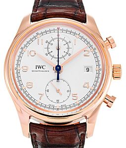 IWC Schaffhausen IW390402 Portugieser Chronograph Classic Silver Plated Arabic Red Gold Brown Leather 42mm Automatic