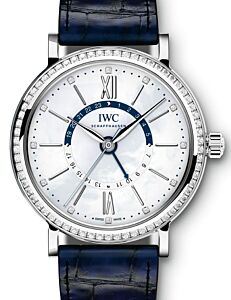 IWC Schaffhausen IW459101 Portofino Automatic Day &amp;amp;amp; Night 37 White Mother of Pearl Diamond Stainless Steel Set with Diamonds Blue Leather 37mm Automatic