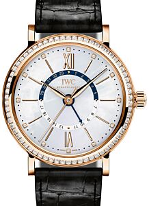 IWC Schaffhausen IW459102 Portofino Automatic Day &amp;amp;amp; Night 37 White Mother of Pearl Diamond Red Gold Set with Diamonds Black Leather 37mm Automatic