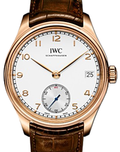 IWC Schaffhausen IW510204 Portugieser Hand-Wound Eight Days Silver Plated Arabic Red Gold Brown Leather 43mm Manual