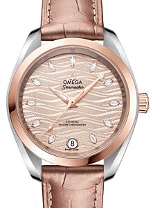 Omega Seamaster Aqua Terra 150M Co-Axial Master Chronometer 34mm Steel Sedna Gold Grey Dial Dimond Hour Markers Alligator Leather Strap 220.23.34.20.59.001 - BRAND NEW