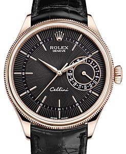 Rolex Cellini Date Rose Gold Black Guilloche Index Dial Domed & Fluted Double Bezel Black Leather Bracelet 50515 - BRAND NEW