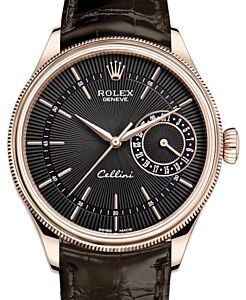 Rolex Cellini Date Rose Gold Black Guilloche Index Dial Domed & Fluted Double Bezel Tobacco Leather Bracelet 50515 - BRAND NEW