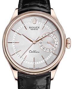 Rolex Cellini Date Rose Gold Silver Guilloche Index Dial Domed & Fluted Double Bezel Black Leather Bracelet 50515 - BRAND NEW