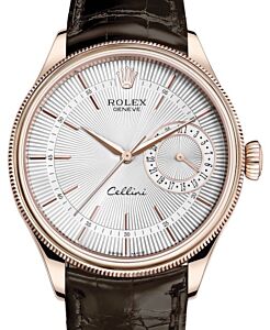 Rolex Cellini Date Rose Gold Silver Guilloche Index Dial Domed & Fluted Double Bezel Tobacco Leather Bracelet 50515 - BRAND NEW