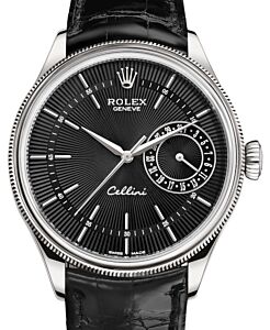 Rolex Cellini Date White Gold Black Guilloche Index Dial Domed & Fluted Double Bezel Black Leather Bracelet 50519 - BRAND NEW