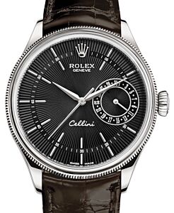 Rolex Cellini Date White Gold Black Guilloche Index Dial Domed & Fluted Double Bezel Tobacco Leather Bracelet 50519 - BRAND NEW