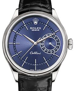 Rolex Cellini Date White Gold Blue Guilloche Index Dial Domed & Fluted Double Bezel Black Leather Bracelet 50519 - BRAND NEW