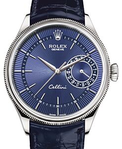 Rolex Cellini Date White Gold Blue Guilloche Index Dial Domed & Fluted Double Bezel Blue Leather Bracelet 50519 - BRAND NEW