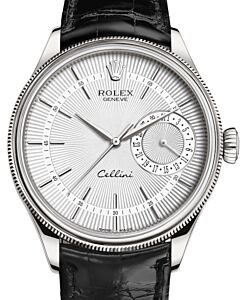 Rolex Cellini Date White Gold Silver Guilloche Index Dial Domed & Fluted Double Bezel Black Leather Bracelet 50519 - BRAND NEW