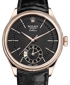 Rolex Cellini Dual Time Rose Gold Black Guilloche Index Dial Domed & Fluted Double Bezel Black Leather Bracelet 50525 - BRAND NEW