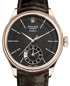 Rolex Cellini Dual Time Rose Gold Black Guilloche Index Dial Domed & Fluted Double Bezel Tobacco Leather Bracelet 50525 - BRAND NEW