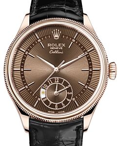 Rolex Cellini Dual Time Rose Gold Brown Guilloche Index Dial Domed & Fluted Double Bezel Black Leather Bracelet 50525 - BRAND NEW