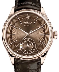 Rolex Cellini Dual Time Rose Gold Brown Guilloche Index Dial Domed & Fluted Double Bezel Tobacco Leather Bracelet 50525 - BRAND NEW