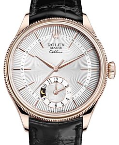 Rolex Cellini Dual Time Rose Gold Silver Guilloche Index Dial Domed & Fluted Double Bezel Black Leather Bracelet 50525 - BRAND NEW