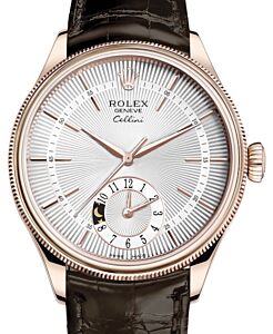 Rolex Cellini Dual Time Rose Gold Silver Guilloche Index Dial Domed & Fluted Double Bezel Tobacco Leather Bracelet 50525 - BRAND NEW