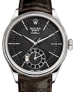 Rolex Cellini Dual Time White Gold Black Guilloche Index Dial Domed & Fluted Double Bezel Tobacco Leather Bracelet 50529 - BRAND NEW