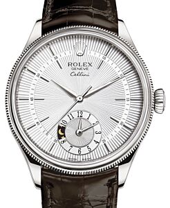 Rolex Cellini Dual Time White Gold Silver Guilloche Index Dial Domed & Fluted Double Bezel Tobacco Leather Bracelet 50529 - BRAND NEW