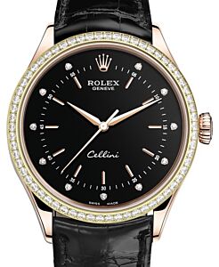 Rolex Cellini Time Rose Gold Black Diamond Dial Diamond Bezel Black Leather Bracelet 50705RBR - BRAND NEW