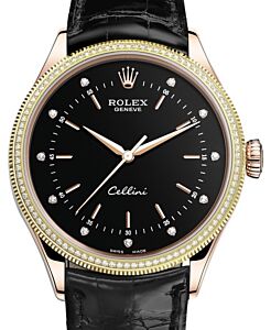 Rolex Cellini Time Rose Gold Black Diamond Dial Diamond & Fluted Double Bezel Black Leather Bracelet 50605RBR - BRAND NEW