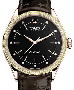Rolex Cellini Time Rose Gold Black Diamond Dial Diamond & Fluted Double Bezel Tobacco Leather Bracelet 50605RBR - BRAND NEW