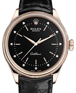 Rolex Cellini Time Rose Gold Black Diamond Dial Domed & Fluted Double Bezel Black Leather Bracelet 50505 - BRAND NEW