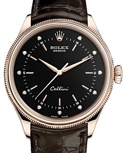 Rolex Cellini Time Rose Gold Black Diamond Dial Domed & Fluted Double Bezel Tobacco Leather Bracelet 50505 - BRAND NEW
