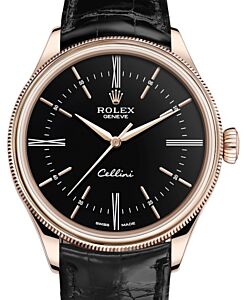 Rolex Cellini Time Rose Gold Black Index / Roman Dial Domed & Fluted Double Bezel Black Leather Bracelet 50505 - BRAND NEW