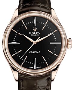 Rolex Cellini Time Rose Gold Black Index / Roman Dial Domed & Fluted Double Bezel Tobacco Leather Bracelet 50505 - BRAND NEW