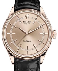 Rolex Cellini Time Rose Gold Pink Index Dial Domed & Fluted Double Bezel Black Leather Bracelet 50505 - BRAND NEW