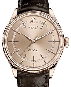 Rolex Cellini Time Rose Gold Pink Index Dial Domed & Fluted Double Bezel Tobacco Leather Bracelet 50505 - BRAND NEW