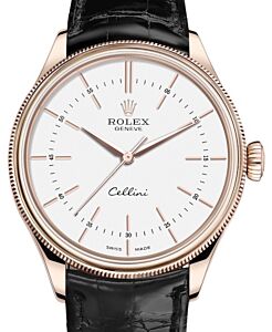 Rolex Cellini Time Rose Gold White Index Dial Domed & Fluted Double Bezel Black Leather Bracelet 50505 - BRAND NEW