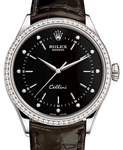 Rolex Cellini Time White Gold Black Diamond Dial Diamond Bezel Tobacco Leather Bracelet 50709RBR - BRAND NEW