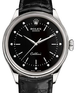 Rolex Cellini Time White Gold Black Diamond Dial Domed & Fluted Double Bezel Black Leather Bracelet 50509 - BRAND NEW