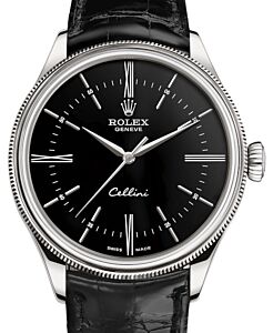 Rolex Cellini Time White Gold Black Index / Roman Dial Domed & Fluted Double Bezel Black Leather Bracelet 50509 - BRAND NEW