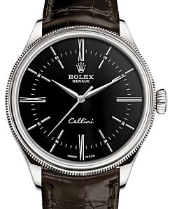 Rolex Cellini Time White Gold Black Index / Roman Dial Domed & Fluted Double Bezel Tobacco Leather Bracelet 50509 - BRAND NEW