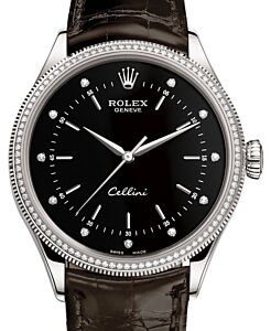 Rolex Cellini Time White Gold Black Set with Diamonds Dial Diamond & Fluted Double Bezel Tobacco Leather Bracelet 50609RBR - BRAND NEW