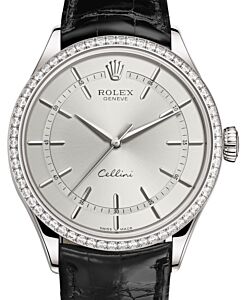 Rolex Cellini Time White Gold Rhodium Index Dial Diamond Bezel Black Leather Bracelet 50709RBR - BRAND NEW