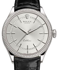 Rolex Cellini Time White Gold Rhodium Index Dial Diamond & Fluted Double Bezel Black Leather Bracelet 50609RBR - BRAND NEW