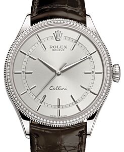 Rolex Cellini Time White Gold Rhodium Index Dial Diamond & Fluted Double Bezel Tobacco Leather Bracelet 50609RBR - BRAND NEW