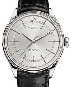 Rolex Cellini Time White Gold Rhodium Index Dial Domed & Fluted Double Bezel Black Leather Bracelet 50509 - BRAND NEW